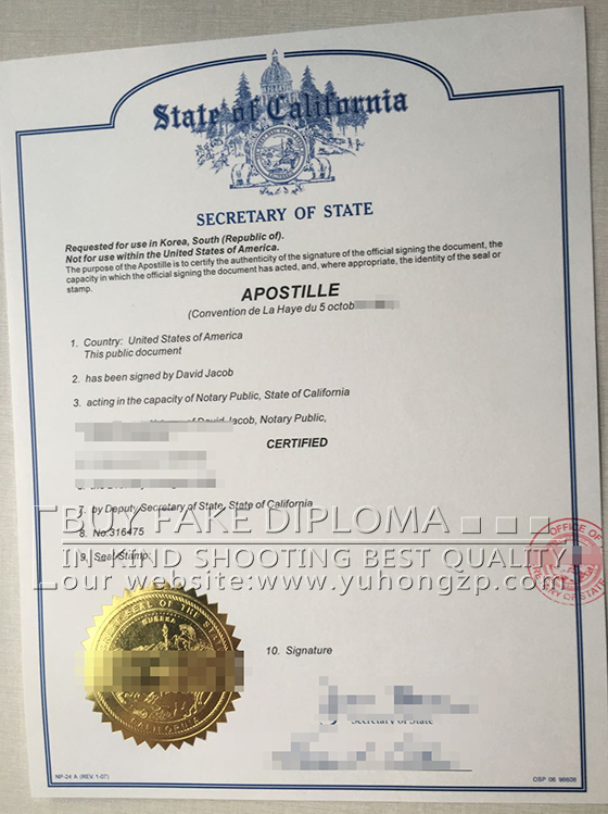 State of California Apostille fake certificate