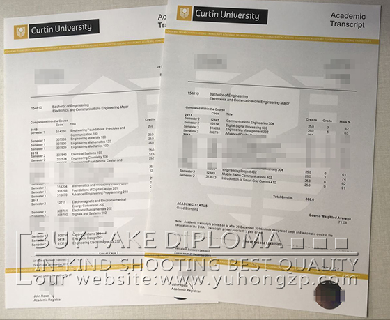 Curtin University academic transcript