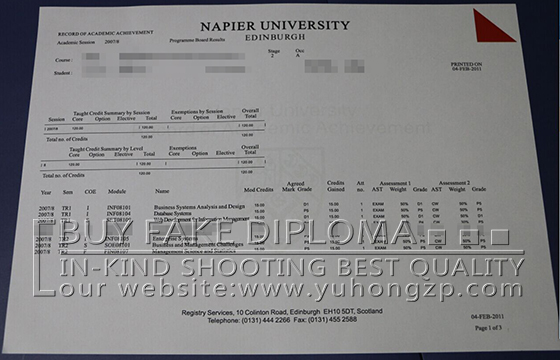 Napier University Edinburgh academic transcript