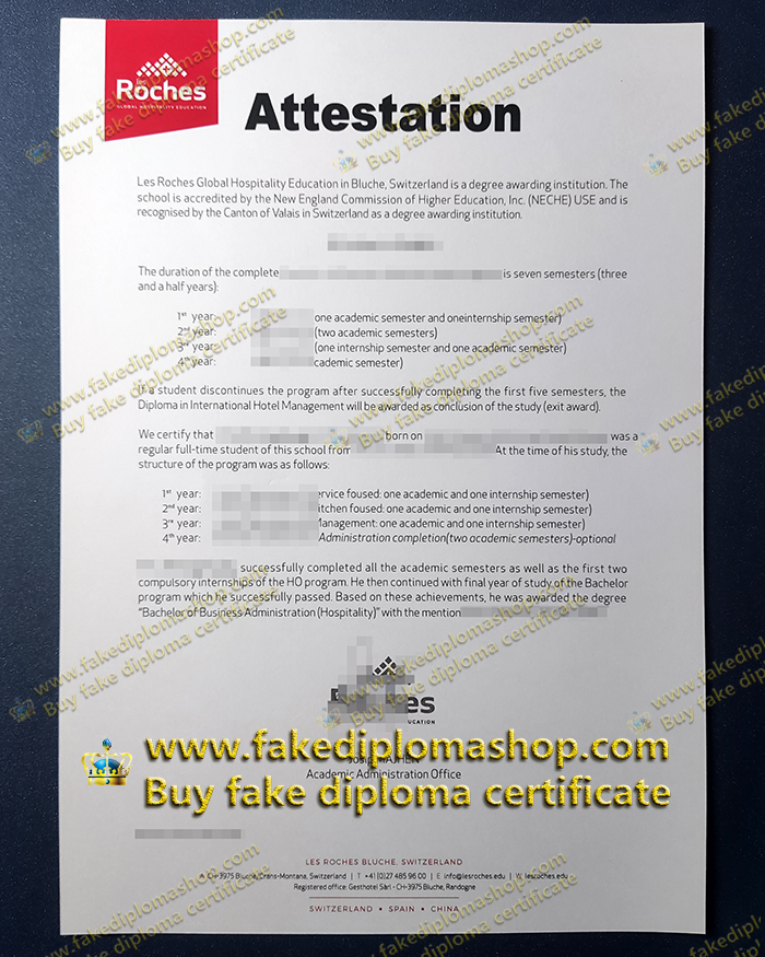 Les Roches certificate of Global Hospitality Education Attestation