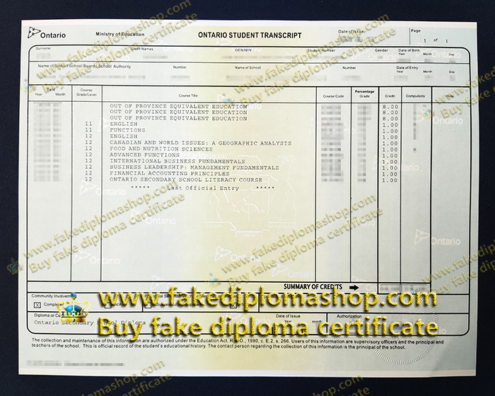 Ontario student transcript of Barrie North Collegiate Institute