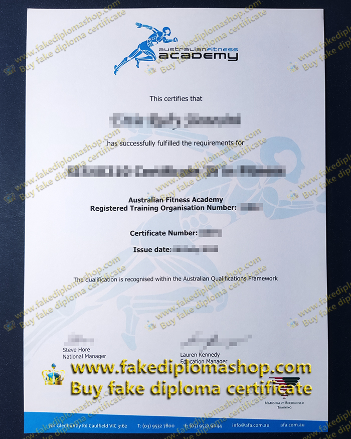 Australian Fitness Academy certificate, AFA certificate