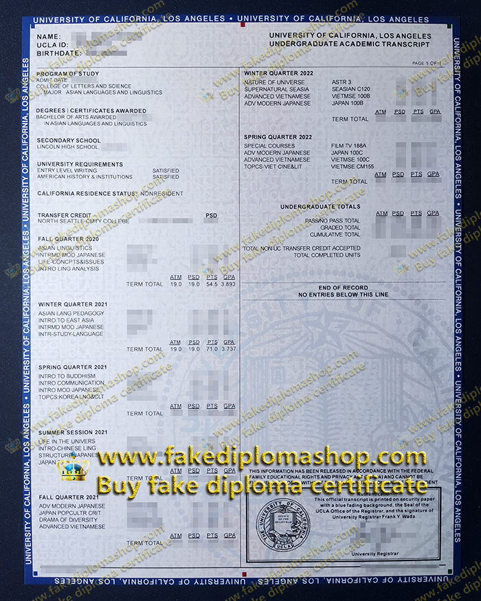 fake UCLA transcript, University of California, Los Angeles report card